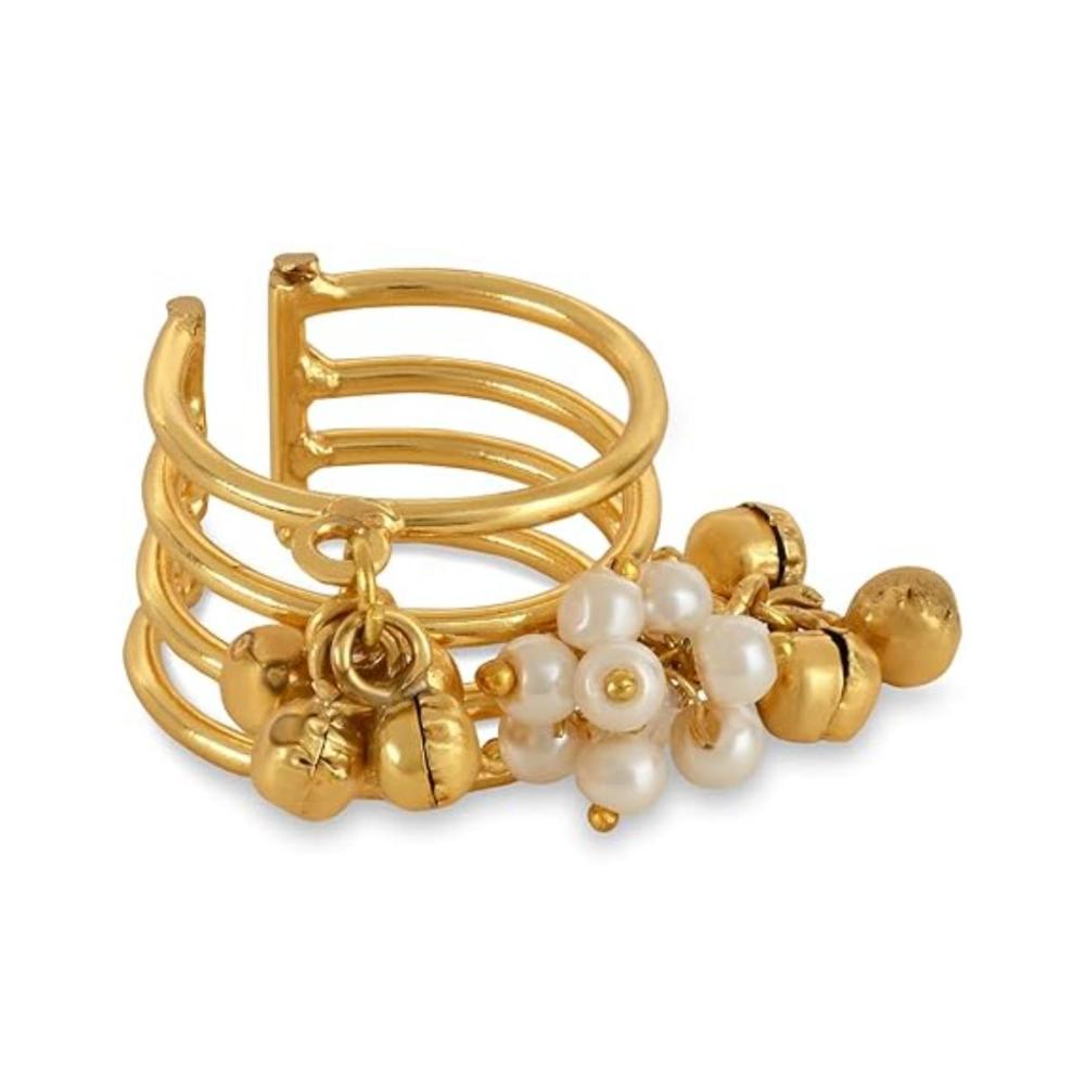 Etnico Gold Plated Ethnic Adjustable Finger Ring Embellished With Ghungroo and Pearl For Women (FL223)
