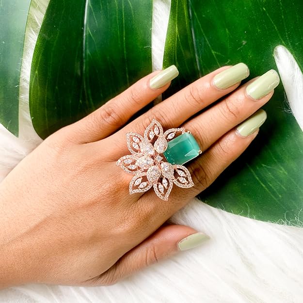 Etnico Rose Gold Plated Valentines Special Stylish Latest Fashionable Design Floral CZ American Diamond Adjustable Finger Rings For Women & Girls (FL242) (Mint)