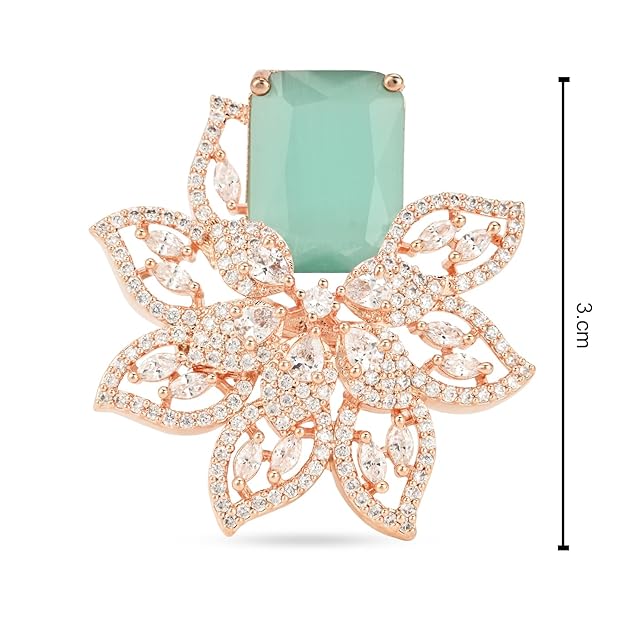 Etnico Rose Gold Plated Valentines Special Stylish Latest Fashionable Design Floral CZ American Diamond Adjustable Finger Rings For Women & Girls (FL242) (Mint)