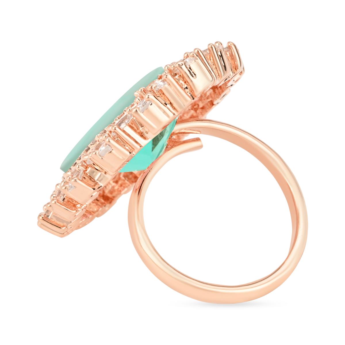 Etnico Rose Gold Plated Classic Teardrop Pear Shaped CZ American Diamonds Adjustable Comfort Fit Big Band Finger Rings For Women (Green)