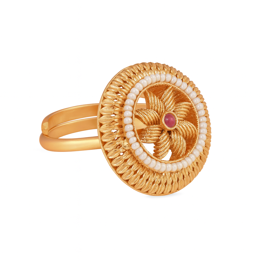 Etnico Gold Plated Traditional Floral Design Comfort Fit Finger Ring For Women (FL268)