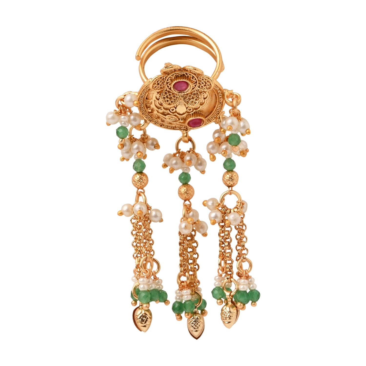 Etnico Rajwadi Plated Brass Adjustable Finger Ring with Pearl Beads & Latkan Chain for Women (Style 3)
