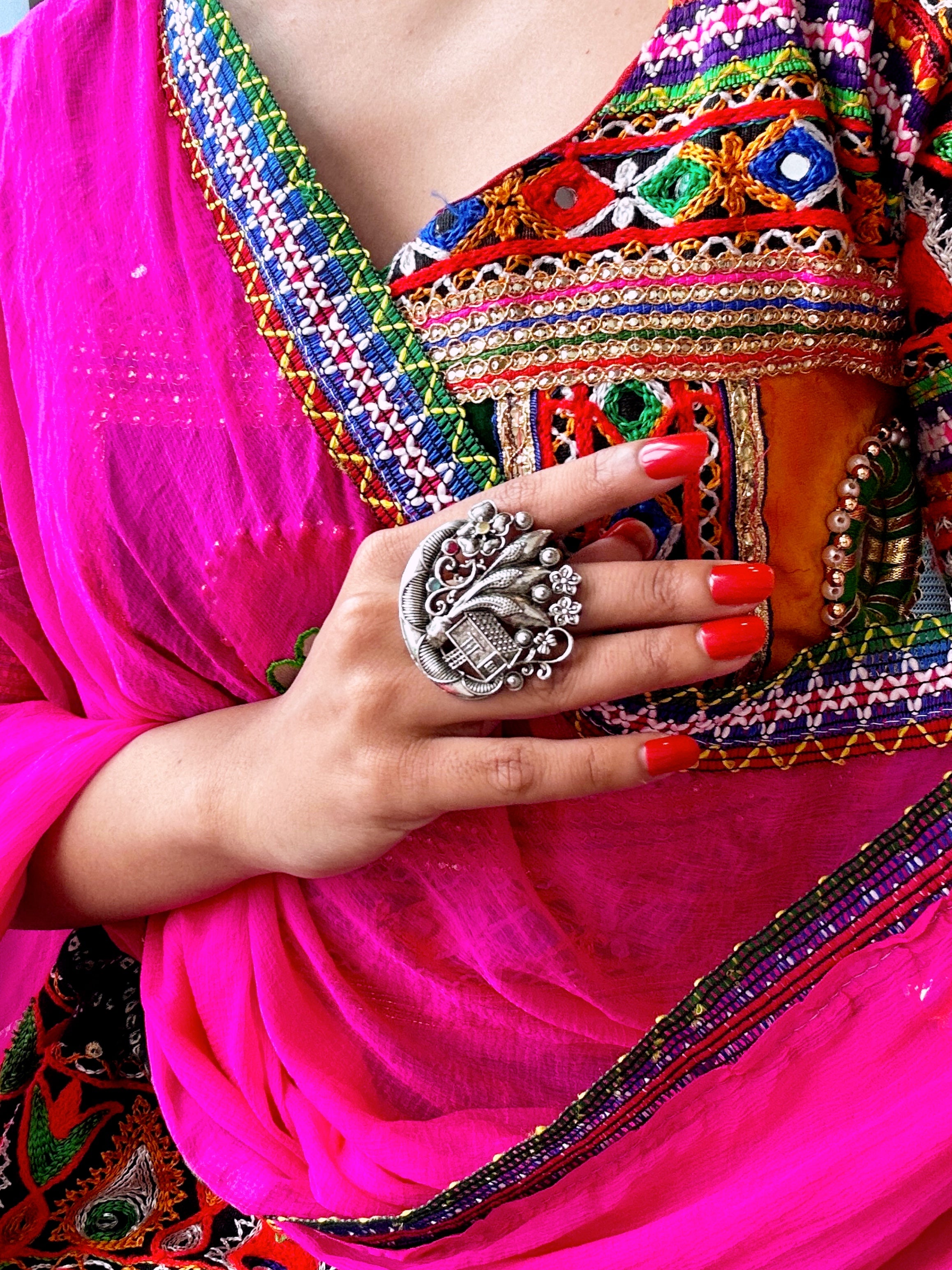 Etnico Oxidised Adjustable Floral Design Ring with Multicolour Stones (FL282OX)