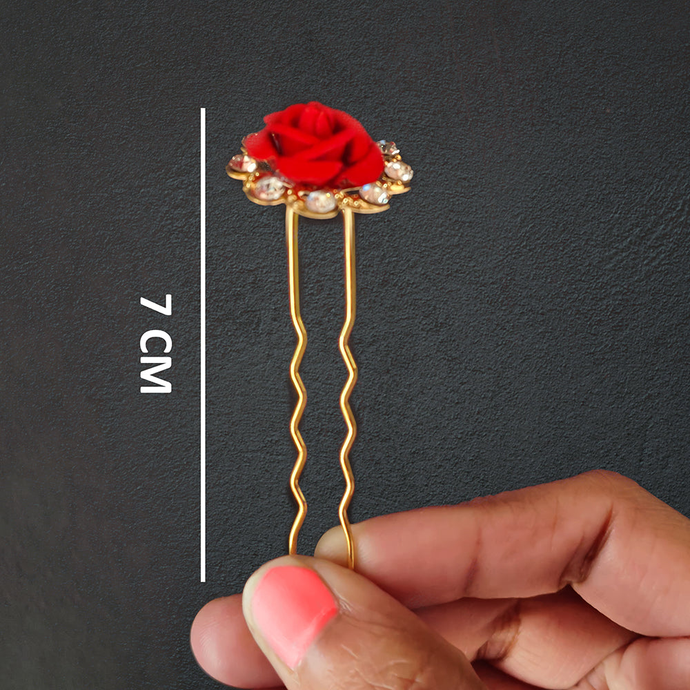 Js Fashion Pack of 12 Red Rose Juda Pins for Hair – Fancy Metal Flower Bun Pins for Women & Girls | Stylish Hair Accessories for Traditional & Party Looks | Perfect for Weddings, Festivals, and Special Occasions | Bun | Juda Accessory | Tiara