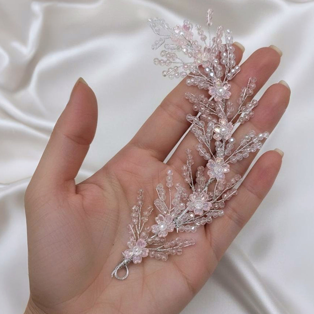 Js Fashion Pack Of 1 Elegant Crystal Floral Hair Vine pin – Handmade Wedding Tiara pin, Bridal Hair Accessory for Women & Girls Silver Pink Beaded Headpiece, Party & Ethnic