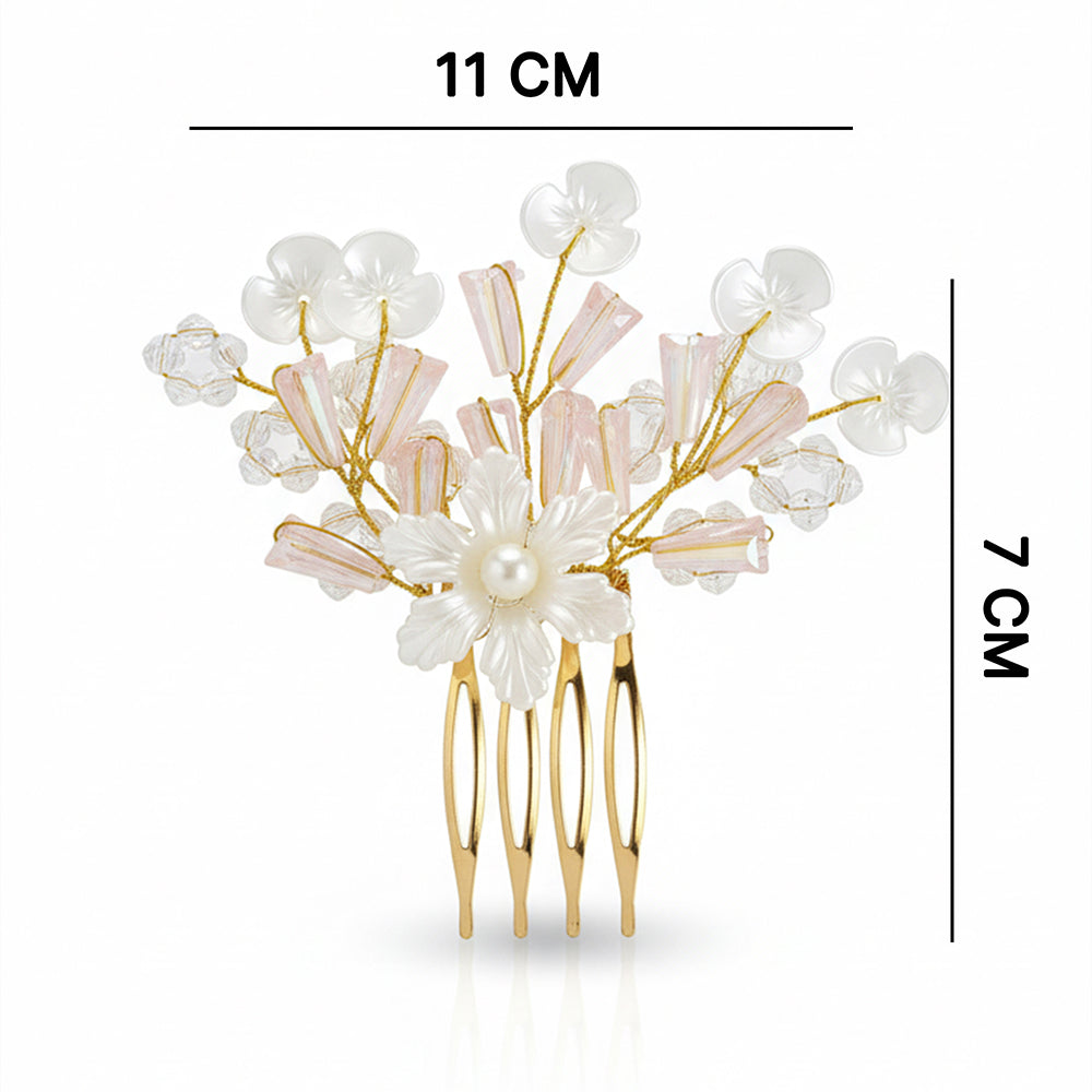 Js Fashion Pack of 1 Bridal Floral Hair Comb for Women | Pearl & Crystal Wedding Hair Accessory | Pink Flower Hair Pin for Bride & Bridesmaid | Elegant Party Wear Hair Jewelry Clip for Bun & Hairstyles