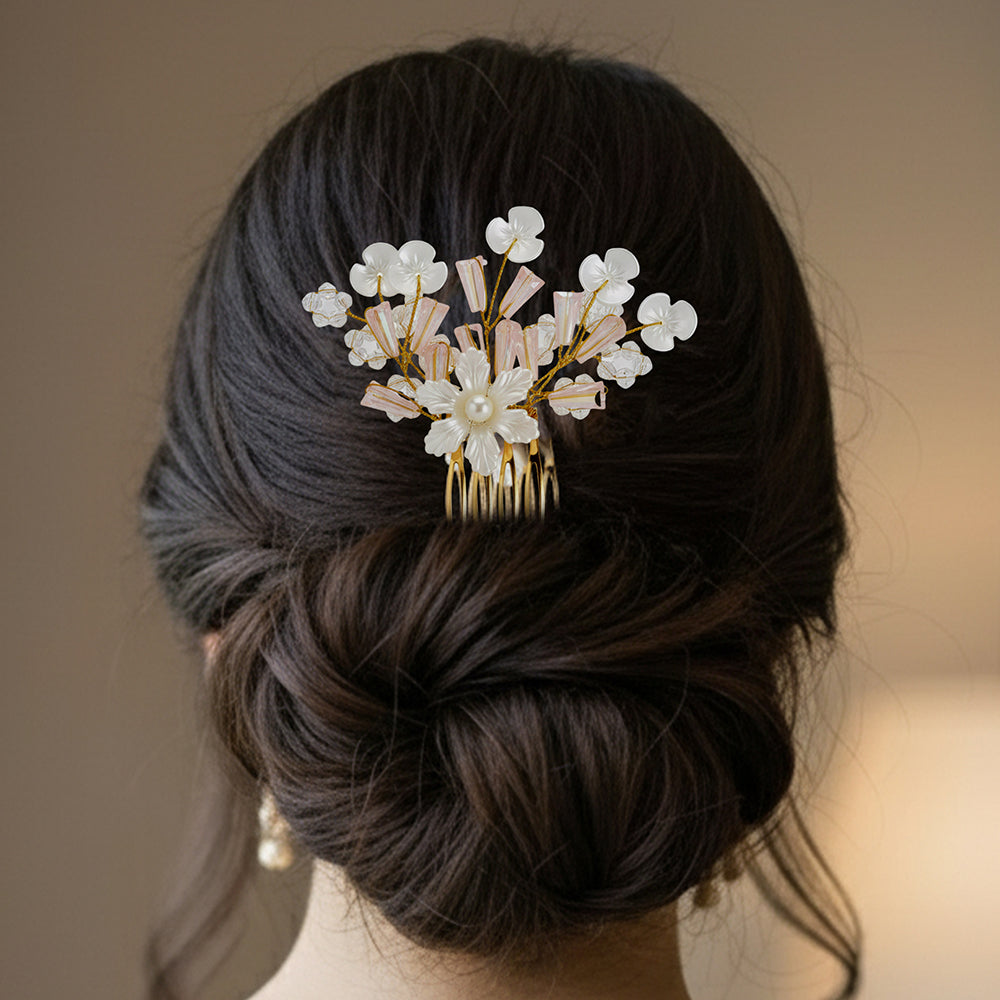Js Fashion Pack of 1 Bridal Floral Hair Comb for Women | Pearl & Crystal Wedding Hair Accessory | Pink Flower Hair Pin for Bride & Bridesmaid | Elegant Party Wear Hair Jewelry Clip for Bun & Hairstyles