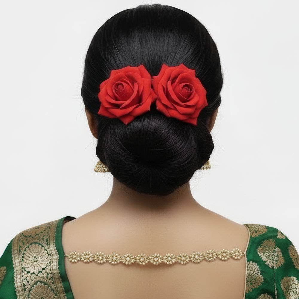 Js Fashion (2 Pcs) Red Rose Hair Accessories for Women & Girls – Stylish Artificial Flower Juda Pins & Clips for Bun, Braid, Wedding & Party Hairstyle – Elegant Bridal Hair Brooch Decoration