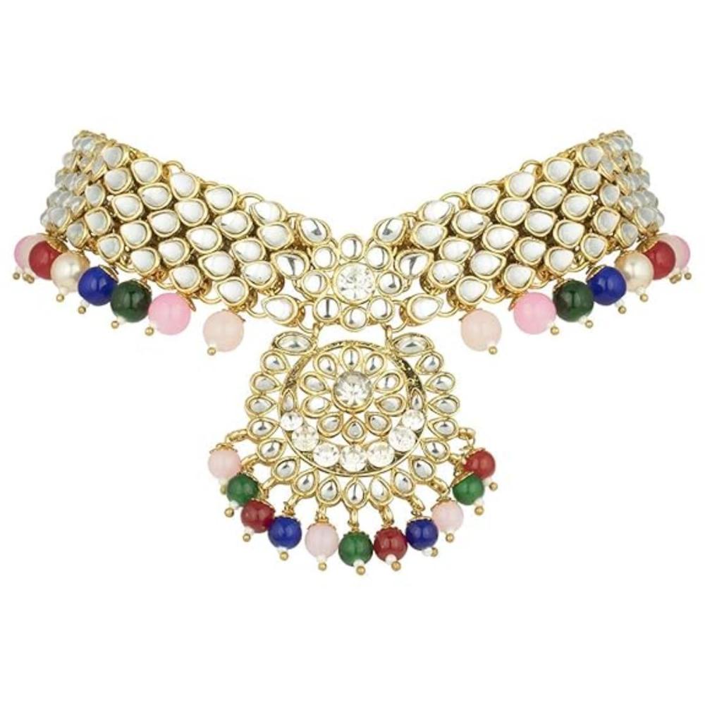 Etnico Traditional 18K Gold Plated Kundan & Pearl Studded Bridal Choker Necklace Jewellery Set With Earrings & Maang Tikka for Women(IJ325Mul)