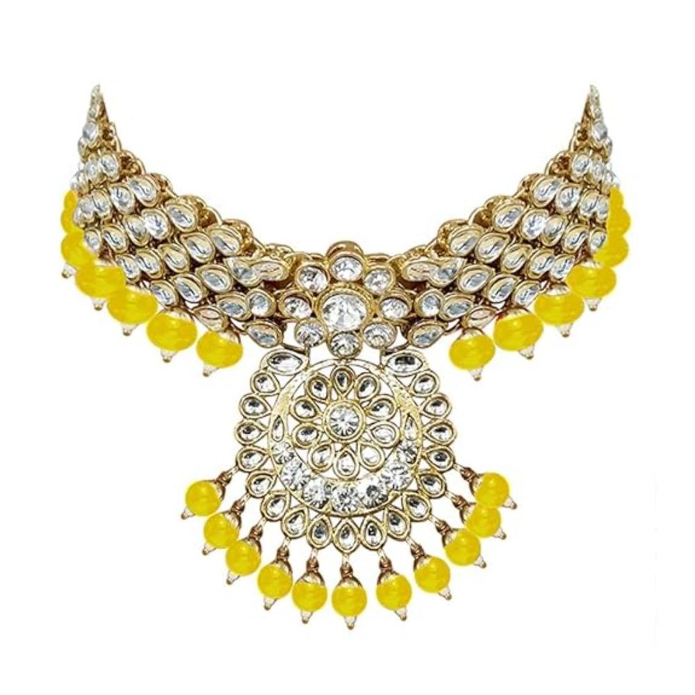 Etnico Traditional 18K Gold Plated Kundan & Pearl Studded Bridal Choker Necklace Jewellery Set With Earrings & Maang Tikka for Women(IJ325Y)