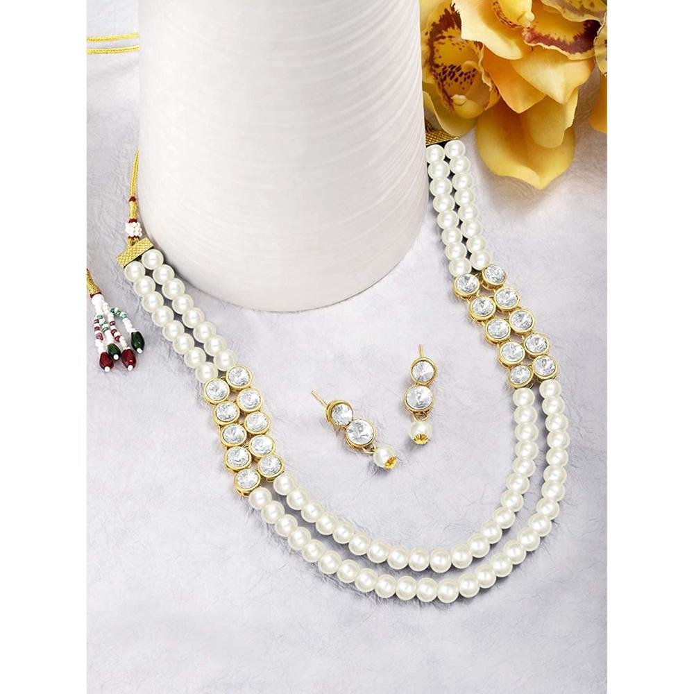 Etnico Gold Plated Traditional Stunning White Stone Studded Layered Pearl Necklace Jewellery Set with Earrings For Women and Girls (IJ365W)