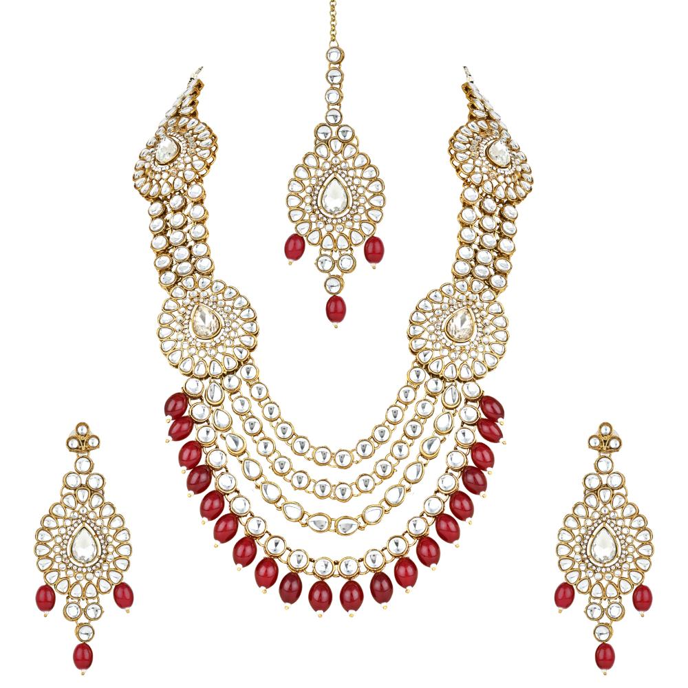 Etnico Gold Plated Traditional Multi Layered Kundan Pearl Bridal Necklace Jewellery with Earrings & Maang Tikka Set For Women/Girls (IJ384) (Maroon)