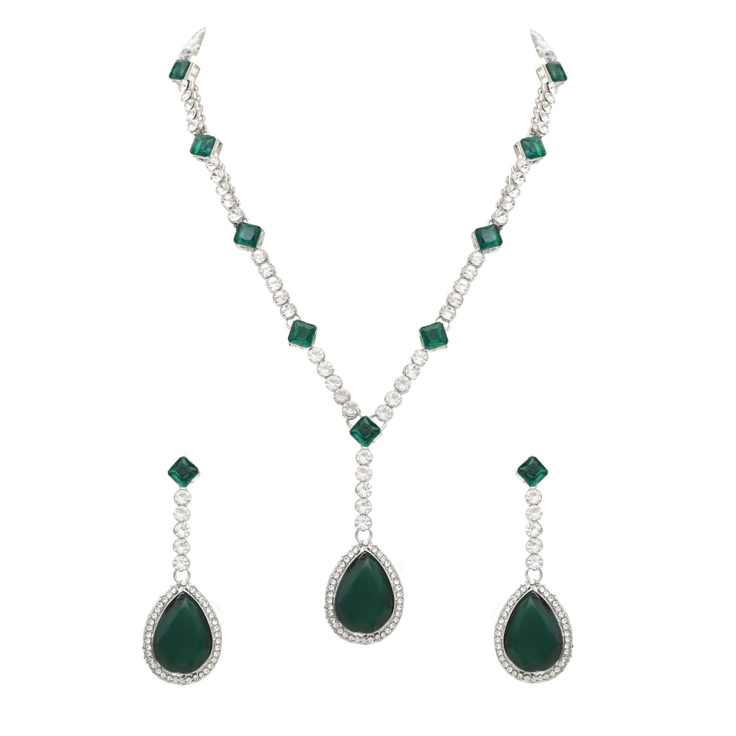 Etnico Silver Plated Crystal Drop Necklace & Earring Set For Women (IJ393) (Green)