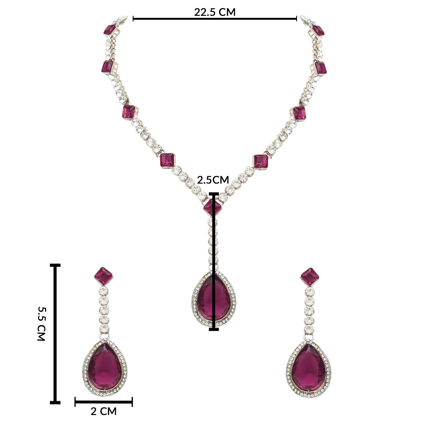 Etnico Silver Plated Crystal Drop Necklace & Earring Set For Women (IJ393) (Wine)