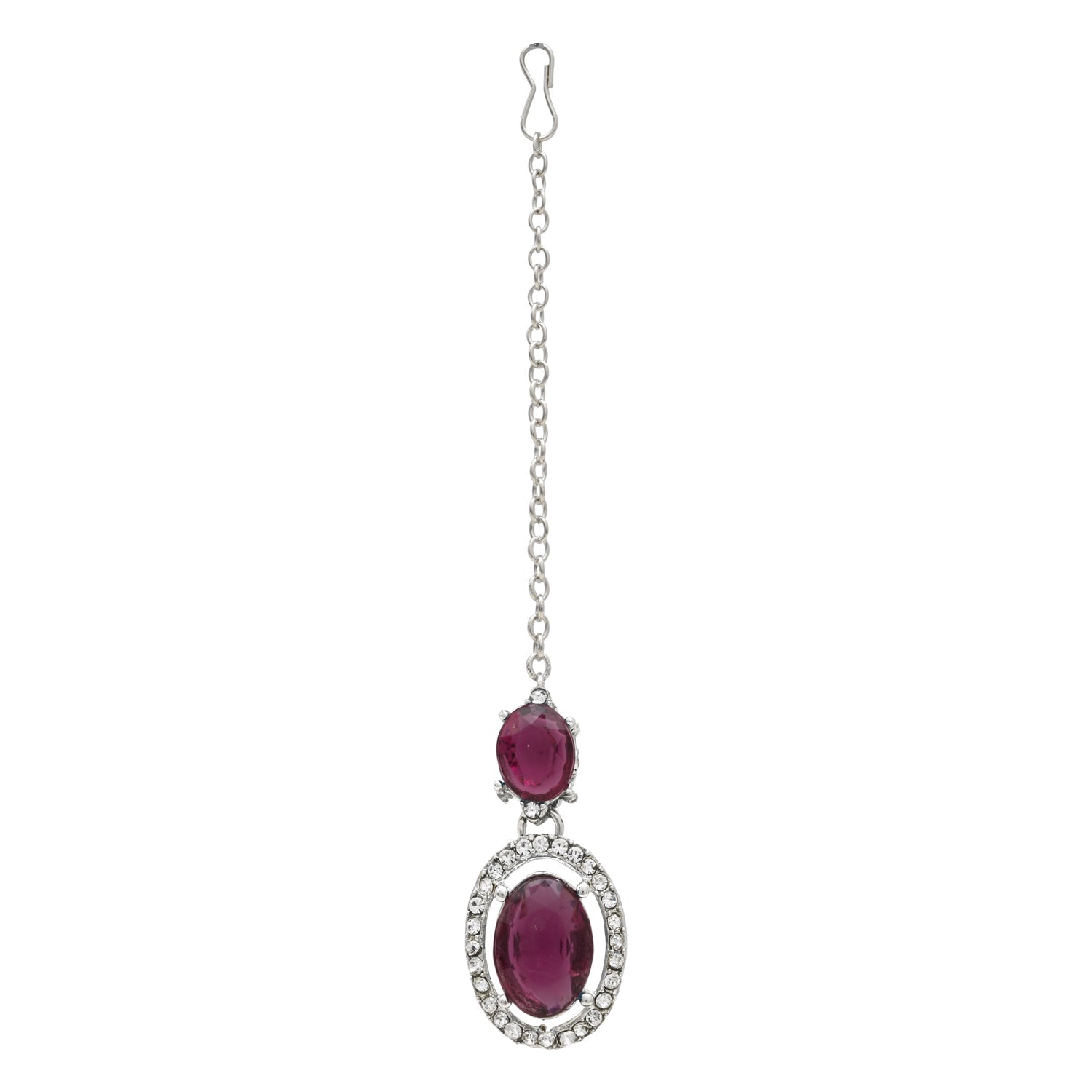 Etnico Silver Plated Stylish Design Crystal Diamond Necklace With Earrings & Maang Tikka Jewellery Set for Women (Silver Wine)