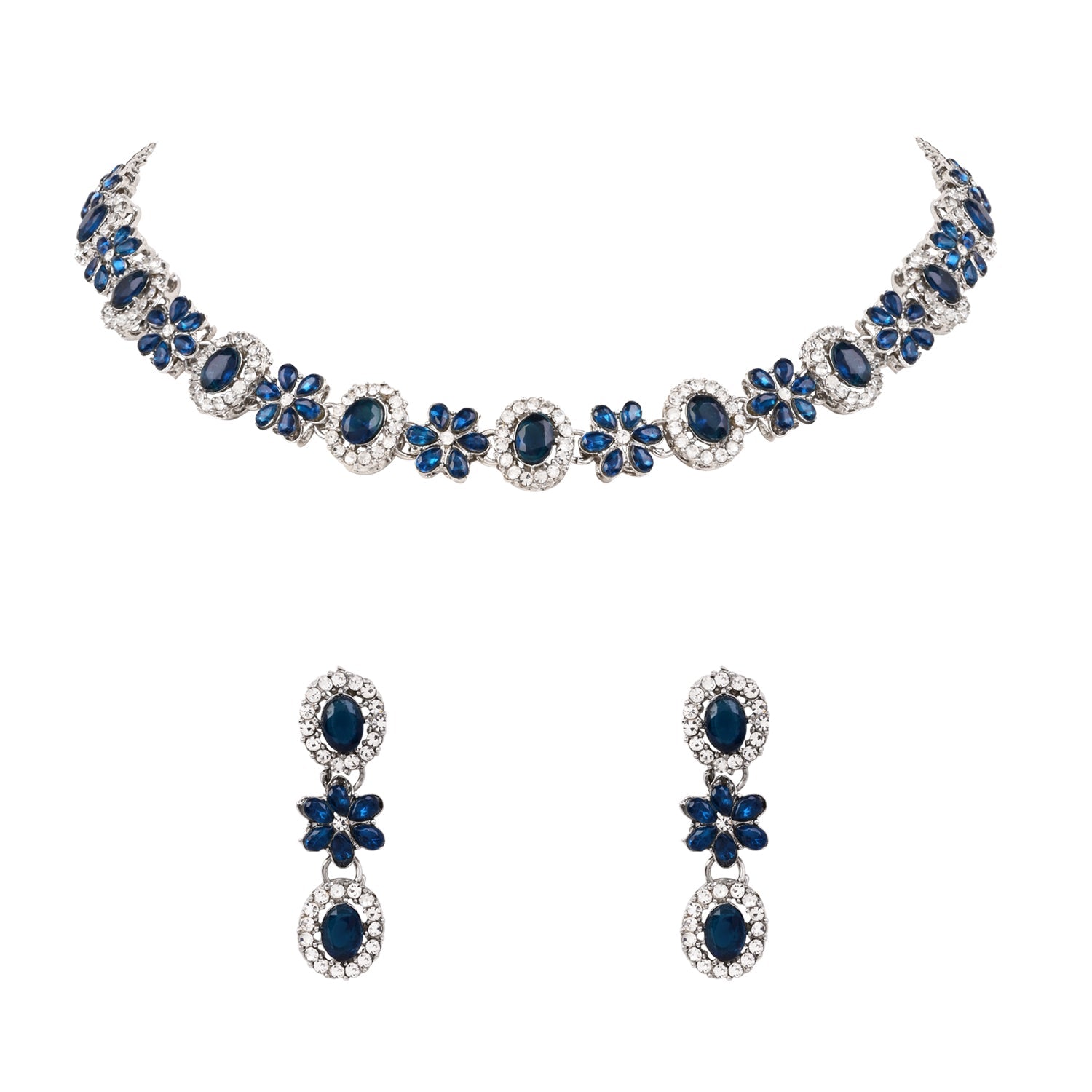 Etnico Silver Plated Traditional Stone Design Necklace Set with Earrings & Maang Tika for Women (IJ398ZBl)