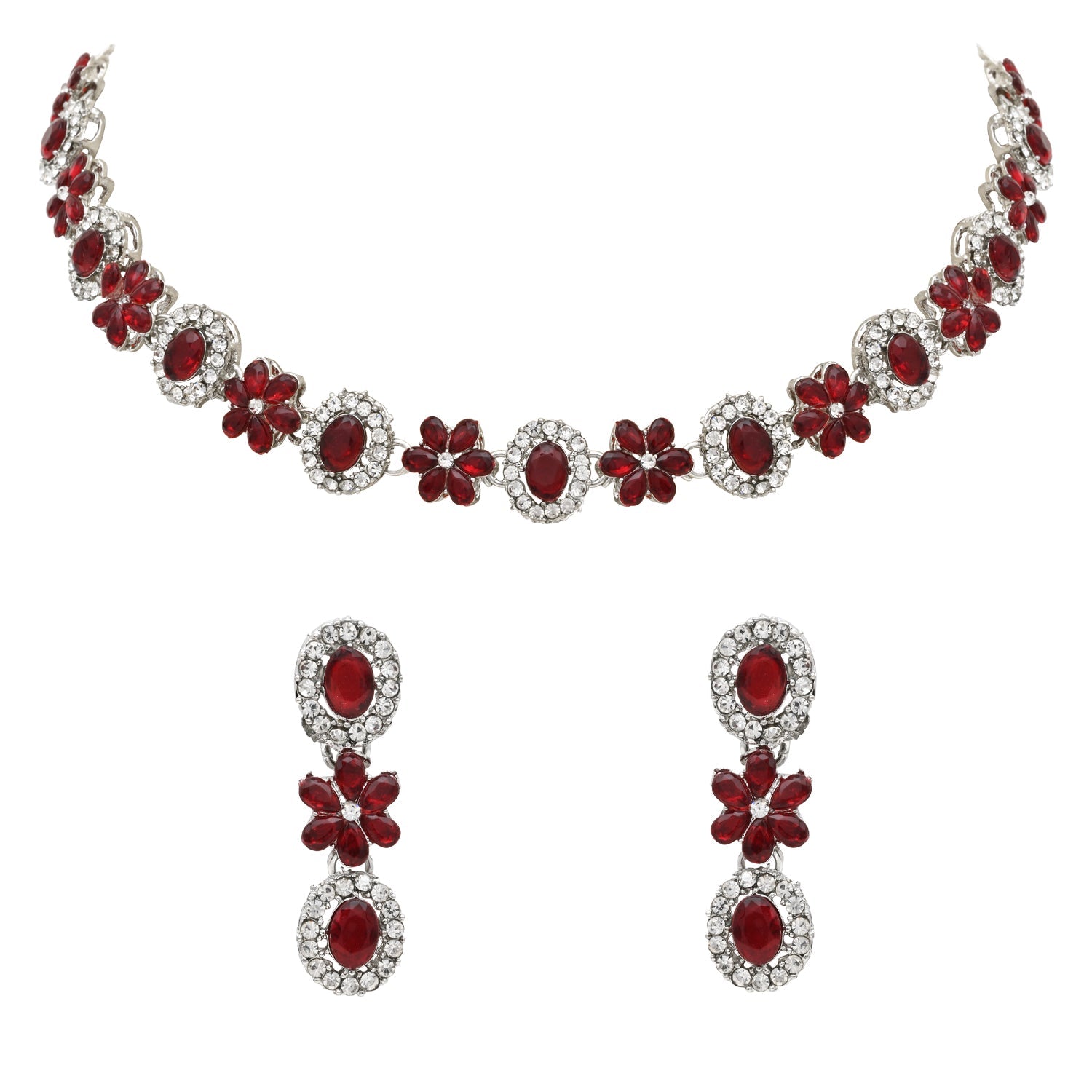 Etnico Silver Plated Traditional Stone Design Necklace Set with Earrings & Maang Tika for Women (Silver Maroon)