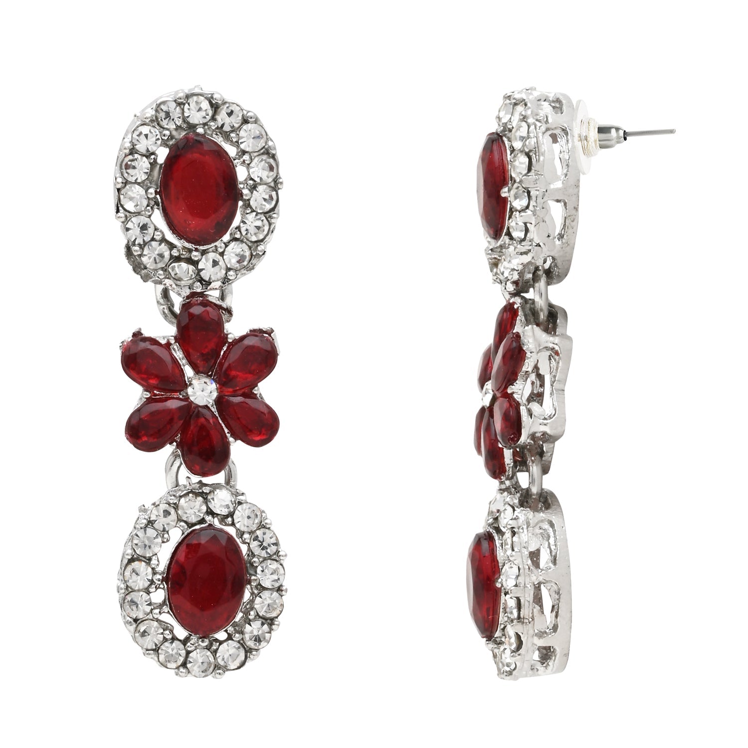 Etnico Silver Plated Traditional Stone Design Necklace Set with Earrings & Maang Tika for Women (Silver Maroon)