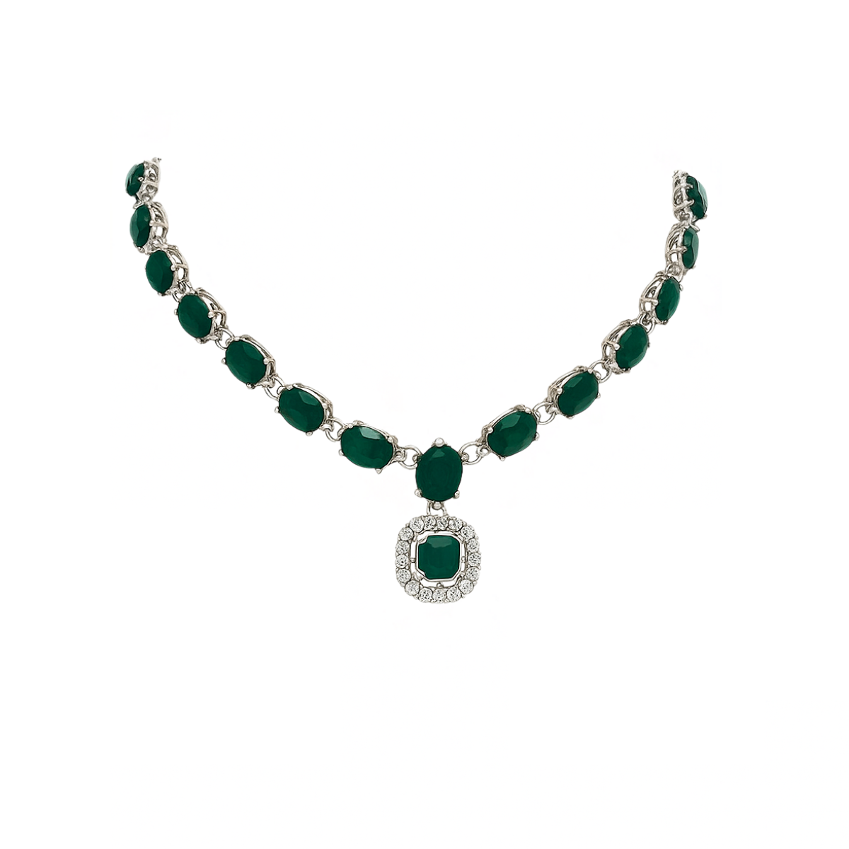 Etnico Silver Plated Traditional Stone Design Necklace Set with Earrings & Maang Tika for Women (IJ399ZG)