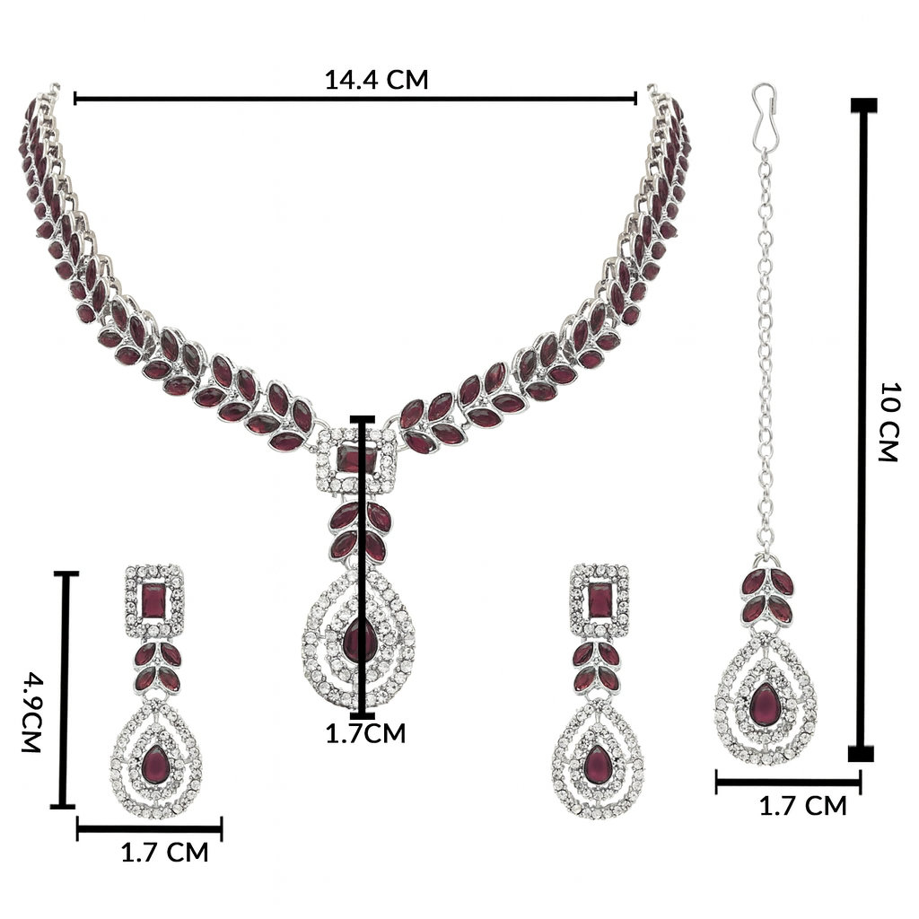 Etnico Silver Plated Elegant Leaf Motif Necklace Set with Earrings & Maang Tika for Women (IJ402ZWi)