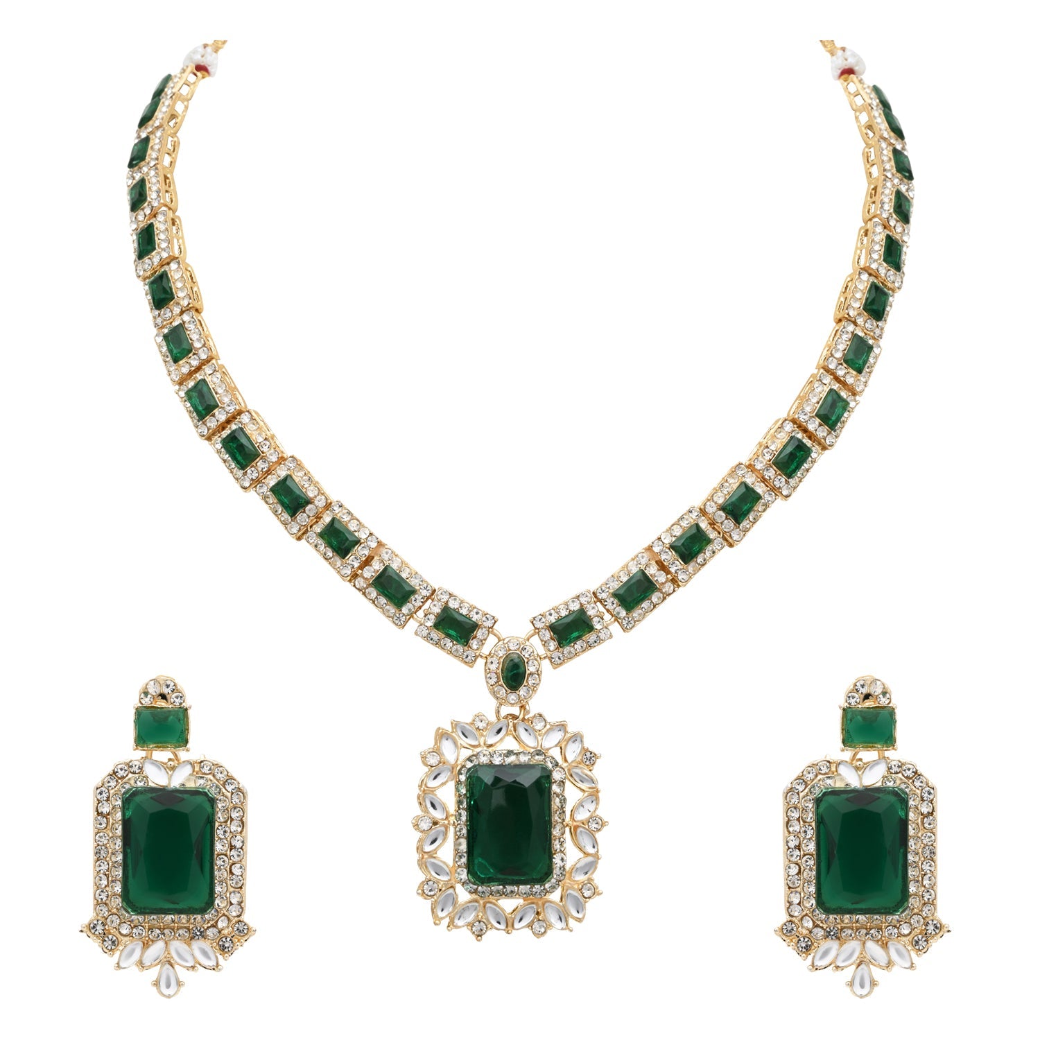 Etnico Gold Plated Stylish Design Crystal Diamond Necklace & Earrings Jewellery Set for Women (Green)