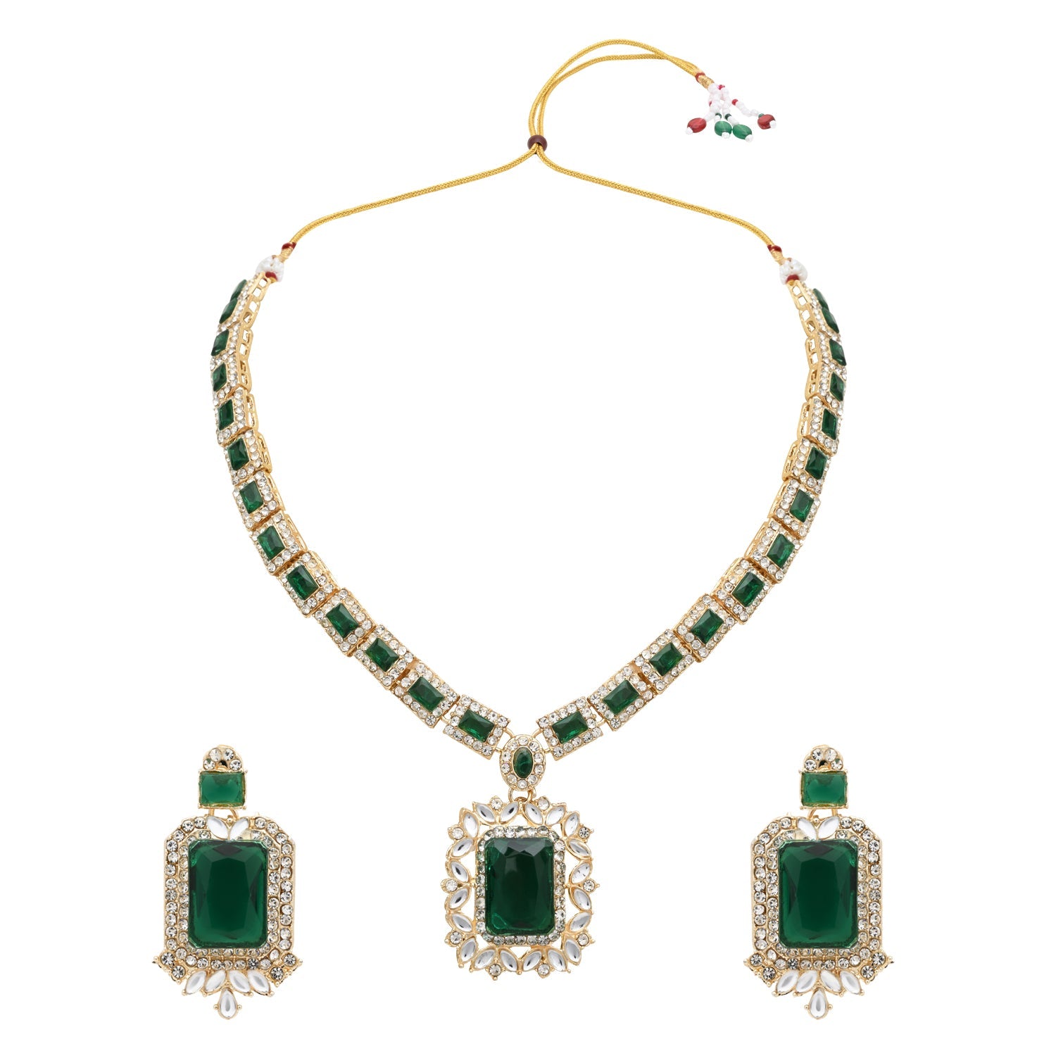 Etnico Gold Plated Stylish Design Crystal Diamond Necklace & Earrings Jewellery Set for Women (Green)