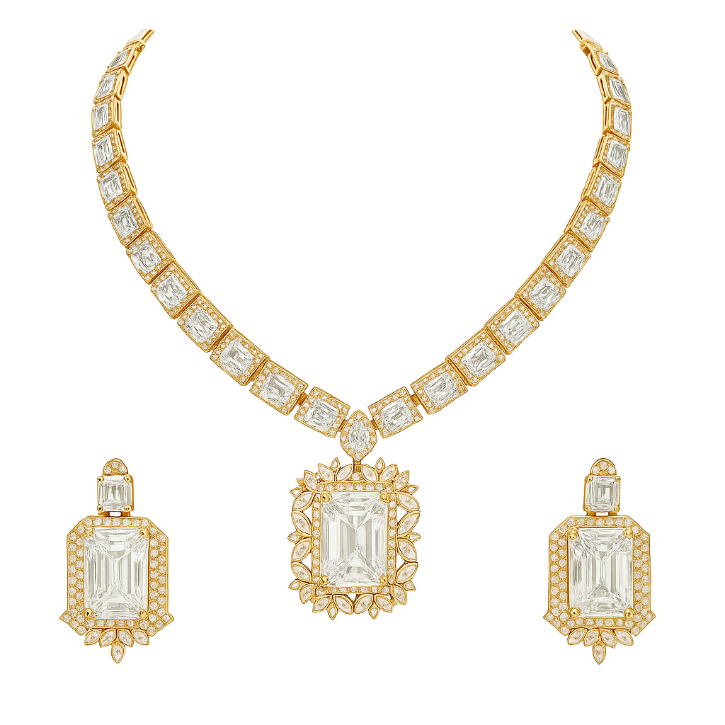 Etnico Gold Plated Classic Square Motif Necklace Set with Earrings for Women (IJ404W)