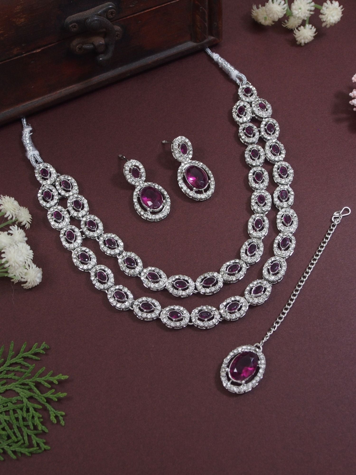 Etnico Silver Plated Stylish Design Crystal Diamond Oval Shape Necklace With Earrings & Maang Tikka Jewellery Set for Women (IJ405ZWi)