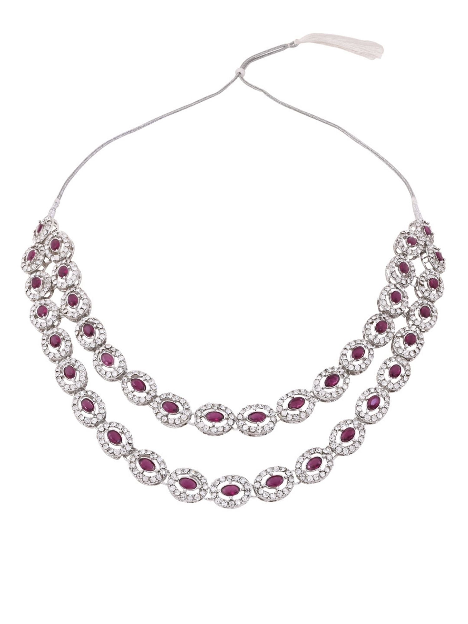 Etnico Silver Plated Stylish Design Crystal Diamond Oval Shape Necklace With Earrings & Maang Tikka Jewellery Set for Women (IJ405ZWi)