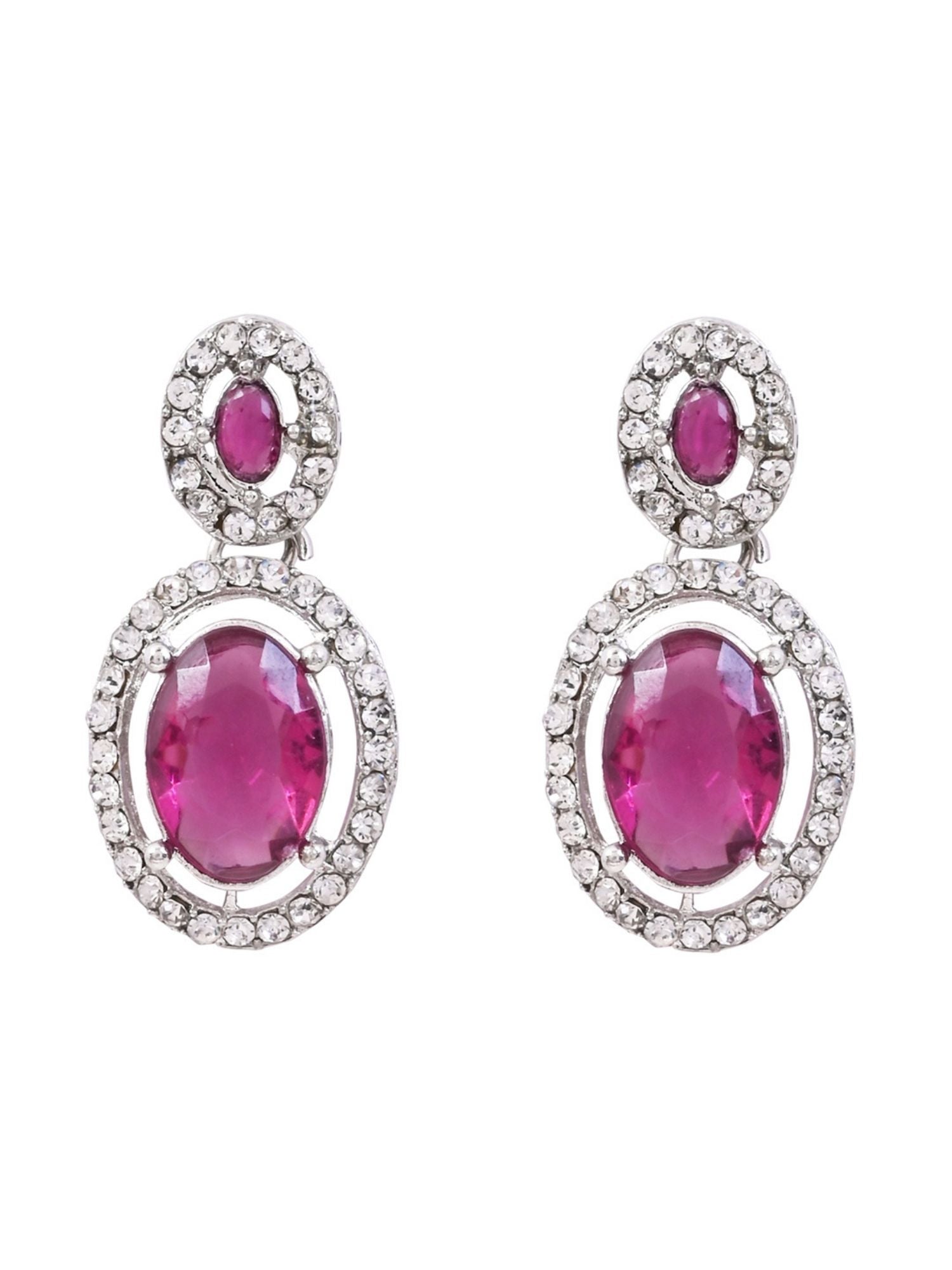 Etnico Silver Plated Stylish Design Crystal Diamond Oval Shape Necklace With Earrings & Maang Tikka Jewellery Set for Women (IJ405ZWi)