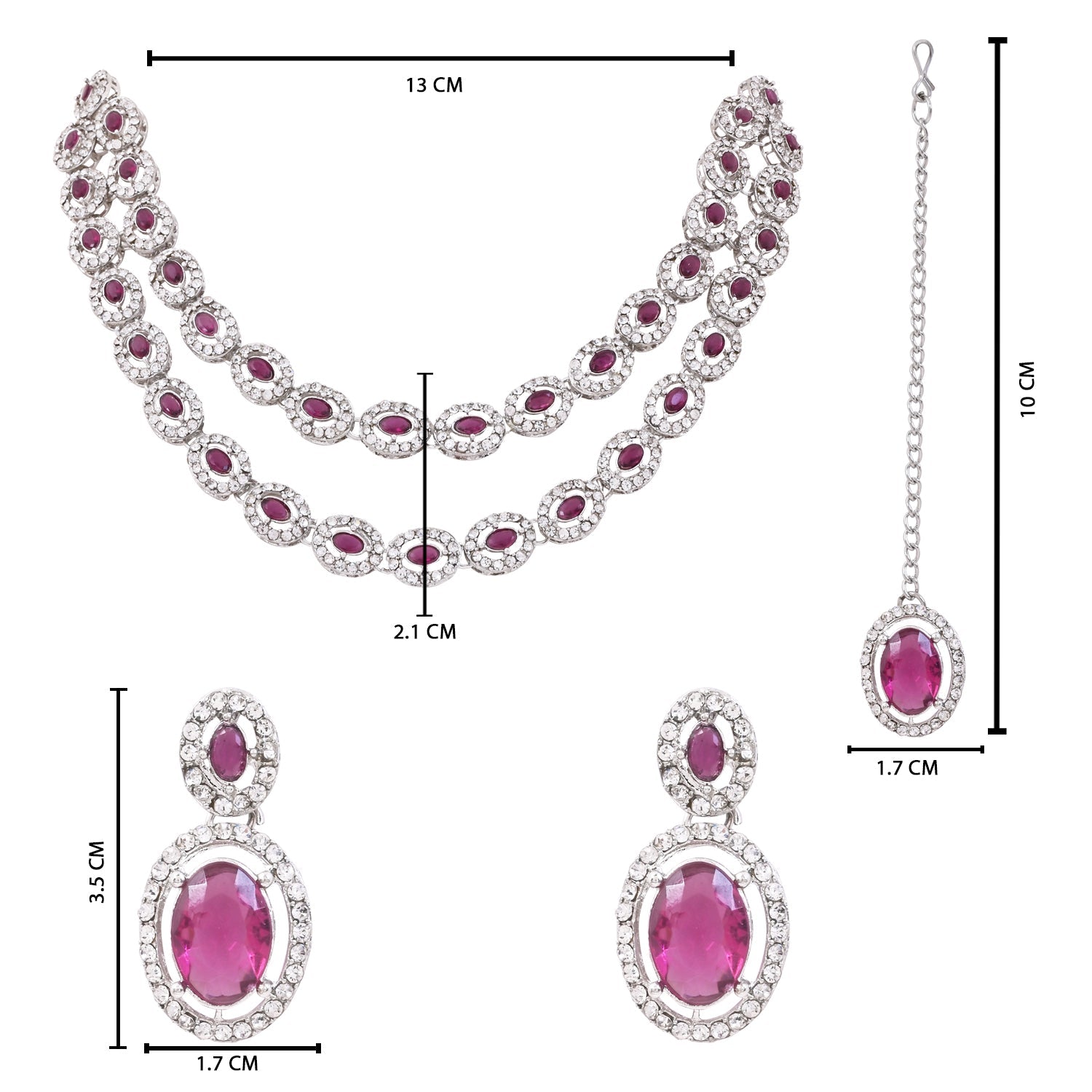 Etnico Silver Plated Stylish Design Crystal Diamond Oval Shape Necklace With Earrings & Maang Tikka Jewellery Set for Women (IJ405ZWi)