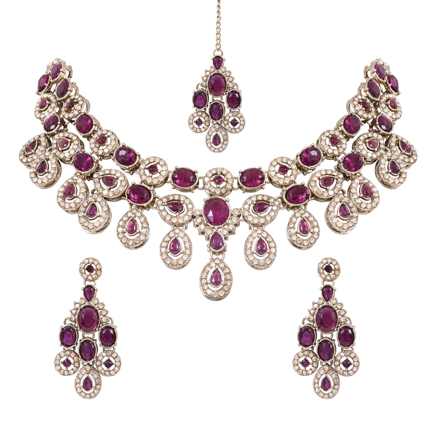 Etnico Traditional Teardrop Design & Stone Necklace Jewellery With Earrings & Maang Tikka Set for Women (IJ414) (Wine)