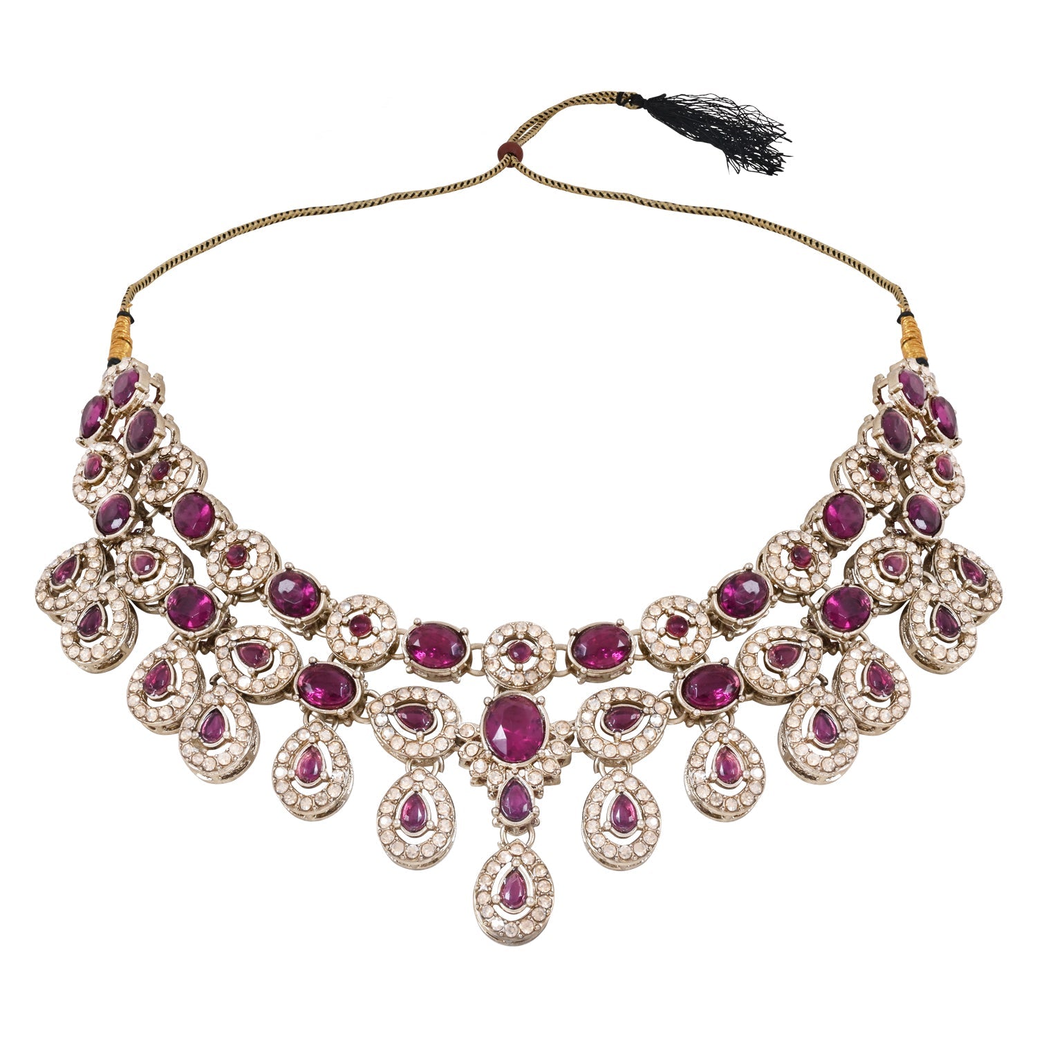Etnico Traditional Teardrop Design & Stone Necklace Jewellery With Earrings & Maang Tikka Set for Women (IJ414) (Wine)