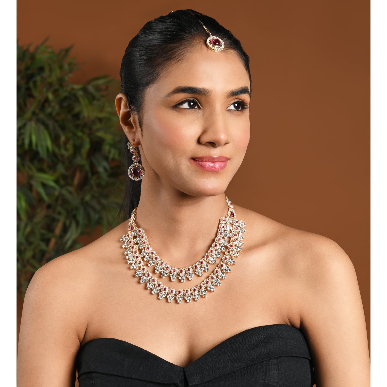 Etnico Gold Plated Stylish Design Crystal Diamond Necklace With Earrings & Maang Tikka Jewellery Set for Women (IJ415Wi)