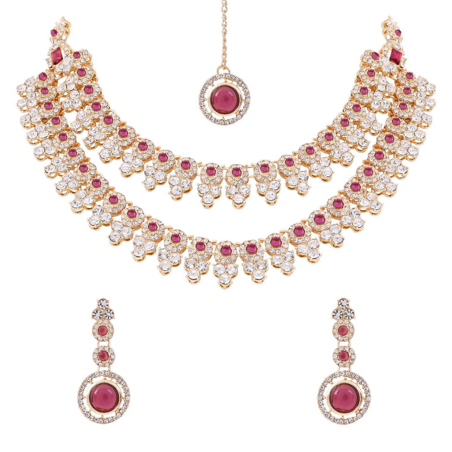 Etnico Gold Plated Stylish Design Crystal Diamond Necklace With Earrings & Maang Tikka Jewellery Set for Women (IJ415Wi)