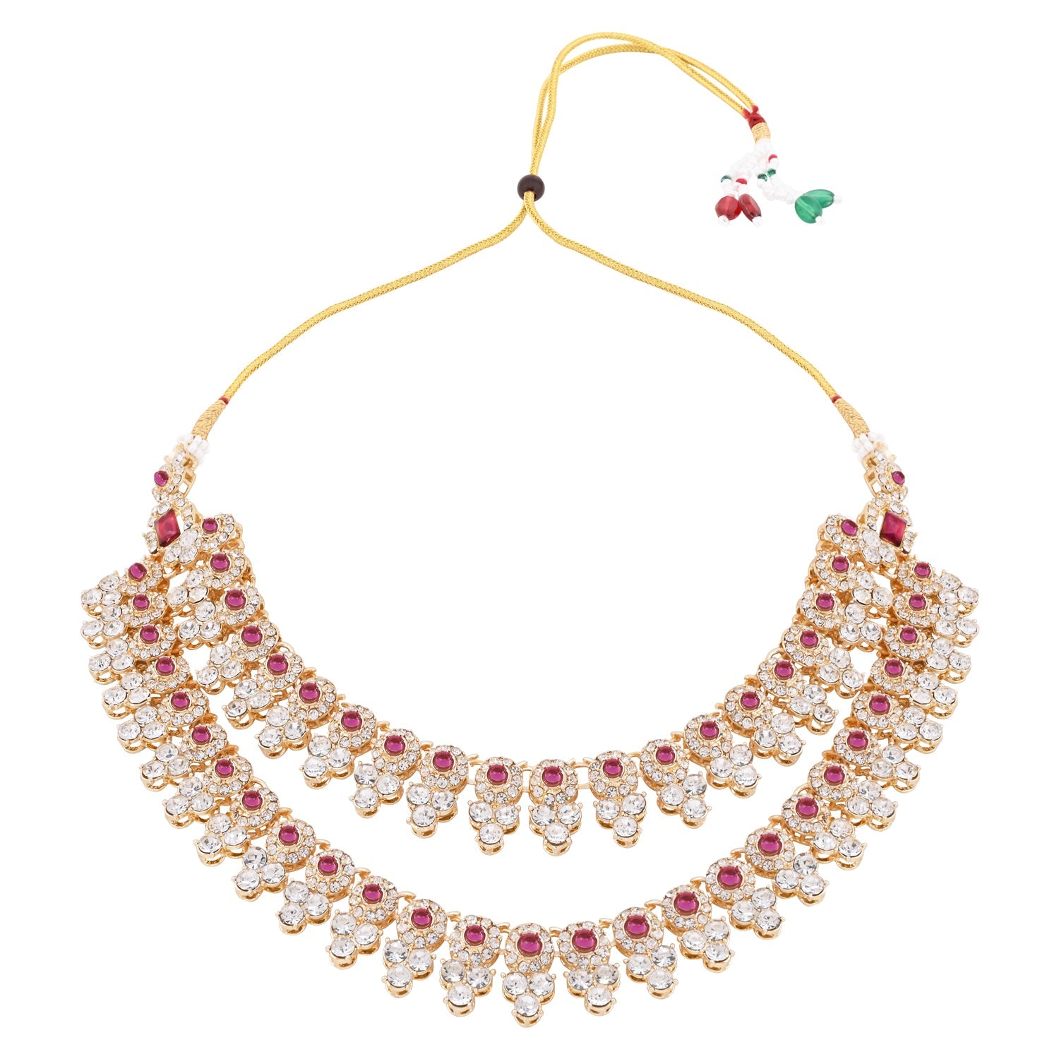 Etnico Gold Plated Stylish Design Crystal Diamond Necklace With Earrings & Maang Tikka Jewellery Set for Women (IJ415Wi)