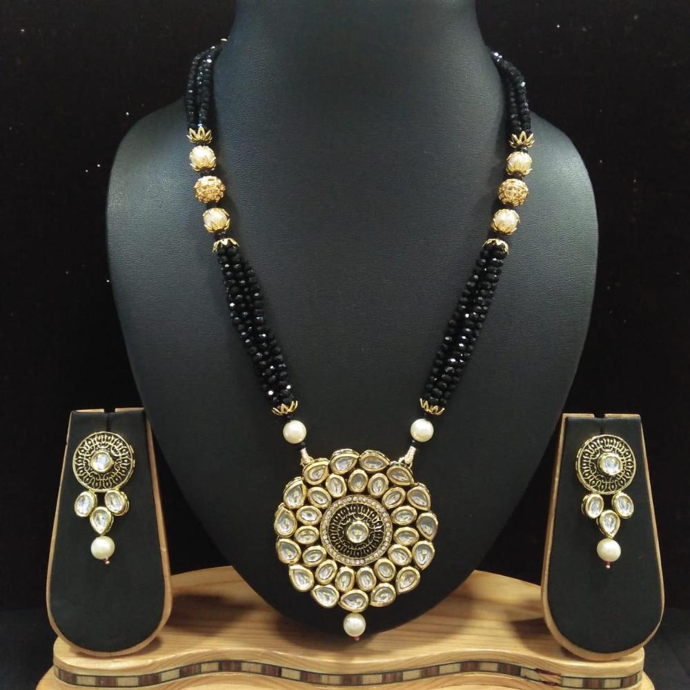 Knigght angel Gold Plated Kundan Stone And Beads Long Necklace Set