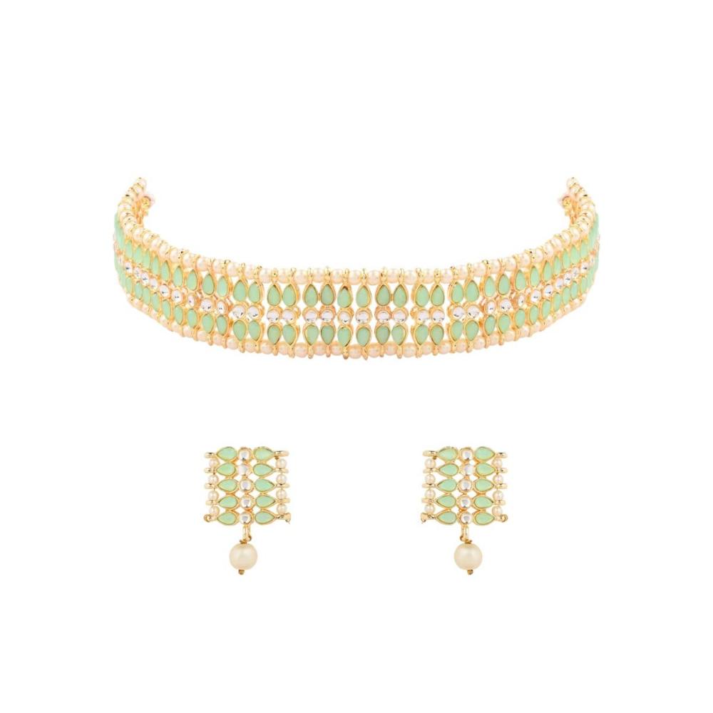 Etnico Gold Plated Traditional Kundan Pearl Choker Necklace Jewellery Set For Women And Girls (K7209) (Mint)