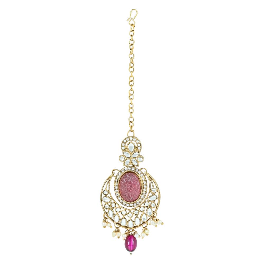 Etnico Gold Plated Traditional Red Pearl Kundan & Stone Studded Jewellery Necklace Set with Maang Tikka for Women (K7233Pu)