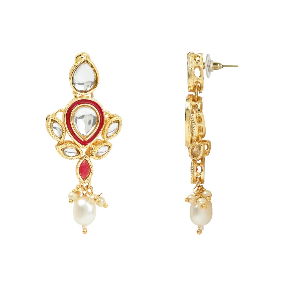 Etnico Gold Plated Traditional Pearl Kundan Studded Floral Necklace With Earring Maang Tikka Set For Women And Girls (K7249Q)