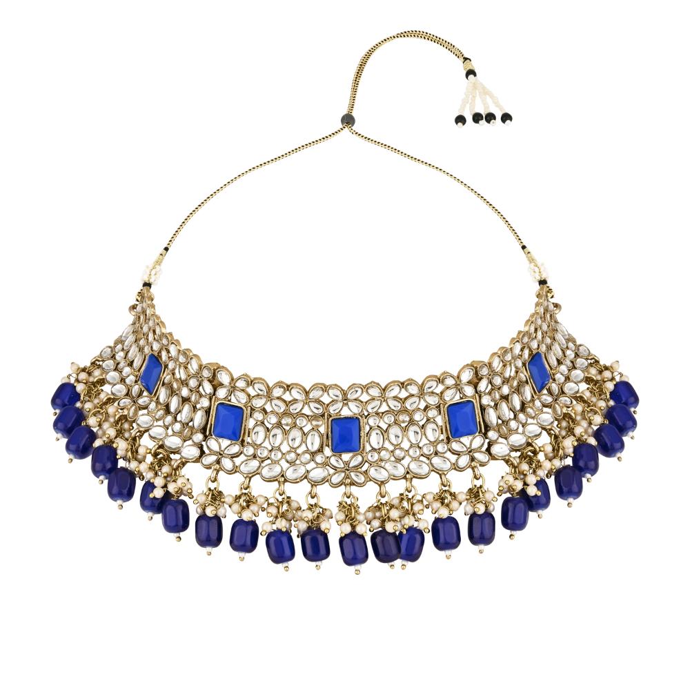 Etnico Gold Plated Traditional Pearl Kundan Choker Jewellery Necklace Set with Maang Tikka for Women And Girls (K7254Bl)