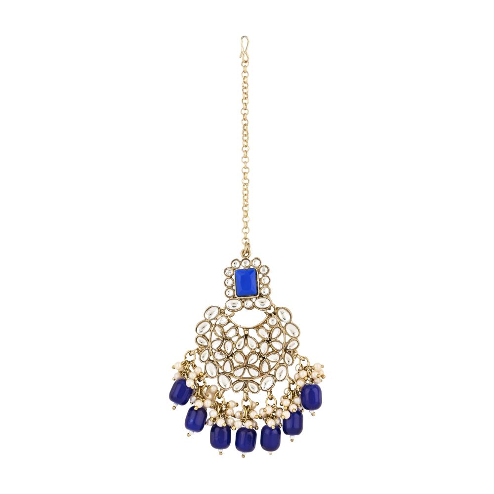 Etnico Gold Plated Traditional Pearl Kundan Choker Jewellery Necklace Set with Maang Tikka for Women And Girls (K7254Bl)