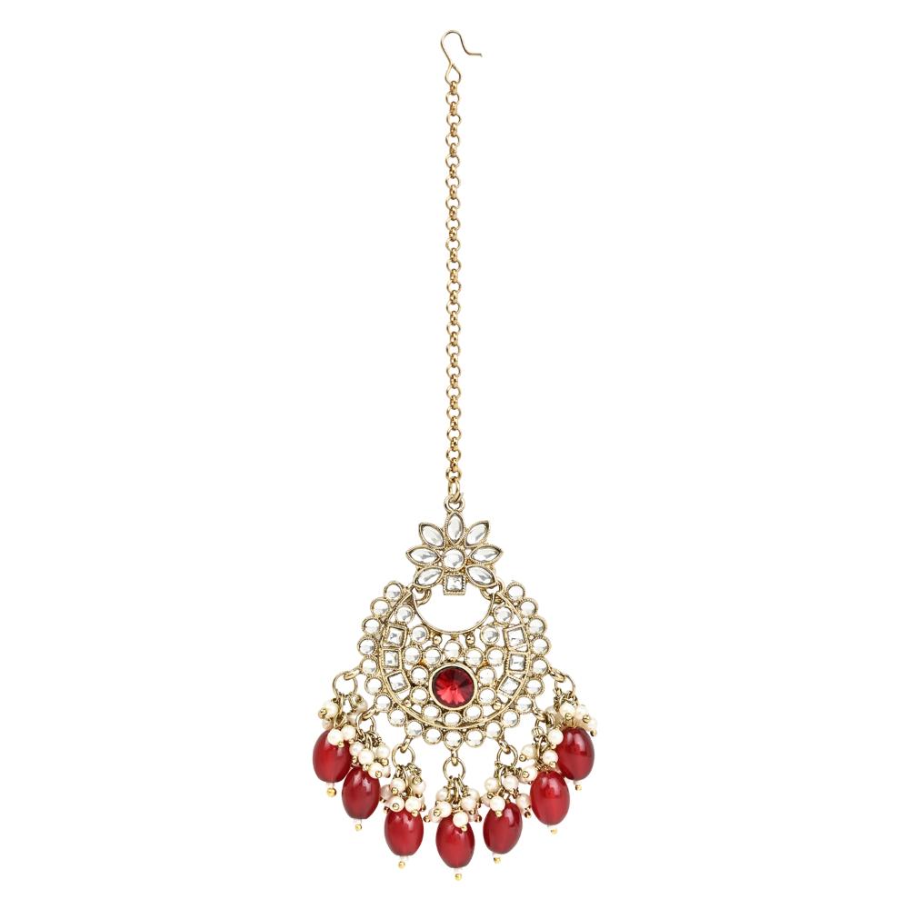 Etnico Gold Plated Traditional Kundan Pearl Hanging Choker Necklace Jewellery Set With Earrings & Maang Tikka For Women And Girls (K7255M)