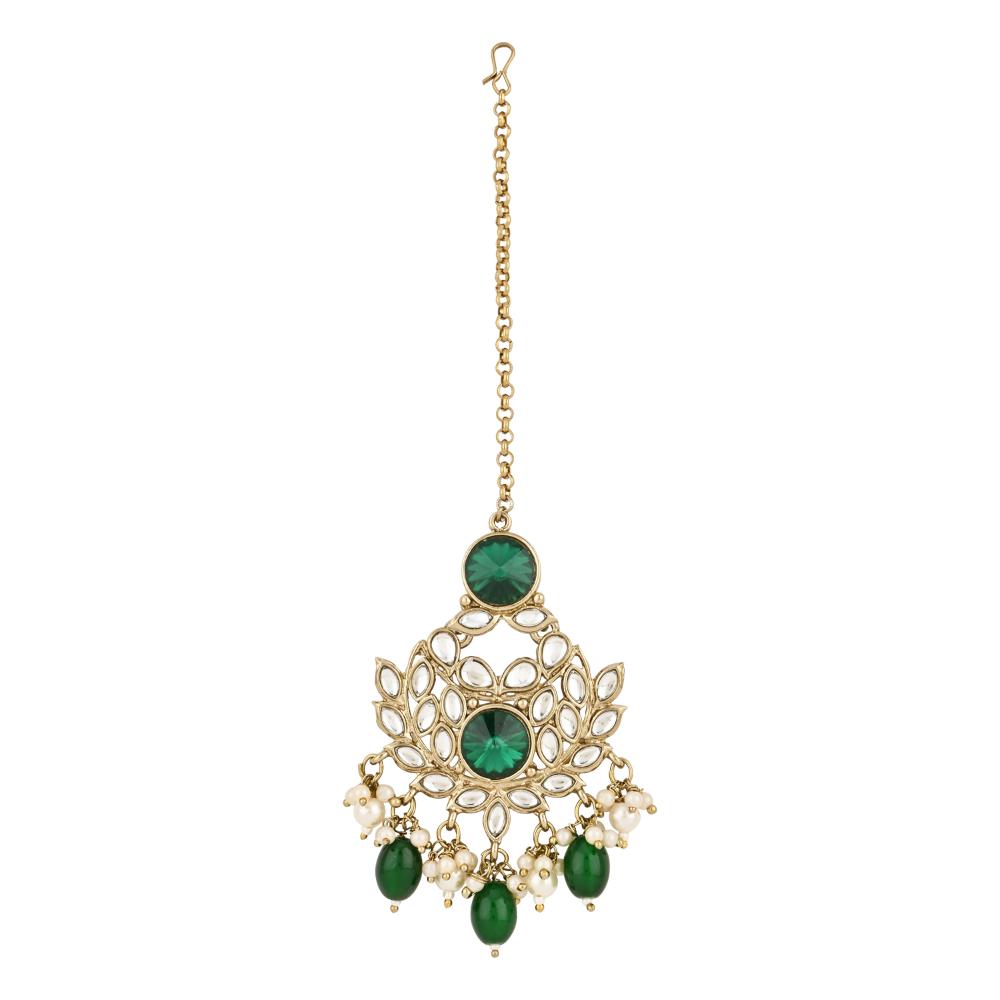 Etnico Gold Plated Traditional Kundan Pearl Drop Bridal Choker Necklace With Earrings & Maang Tikka Jewellery Set For Women/Girls (K7258G)