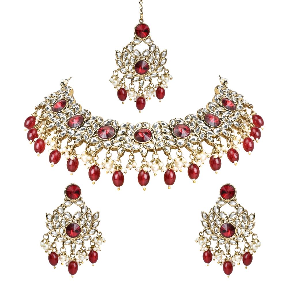 Etnico Gold Plated Traditional Kundan Pearl Drop Bridal Choker Necklace With Earrings & Maang Tikka Jewellery Set For Women/Girls (K7258M)