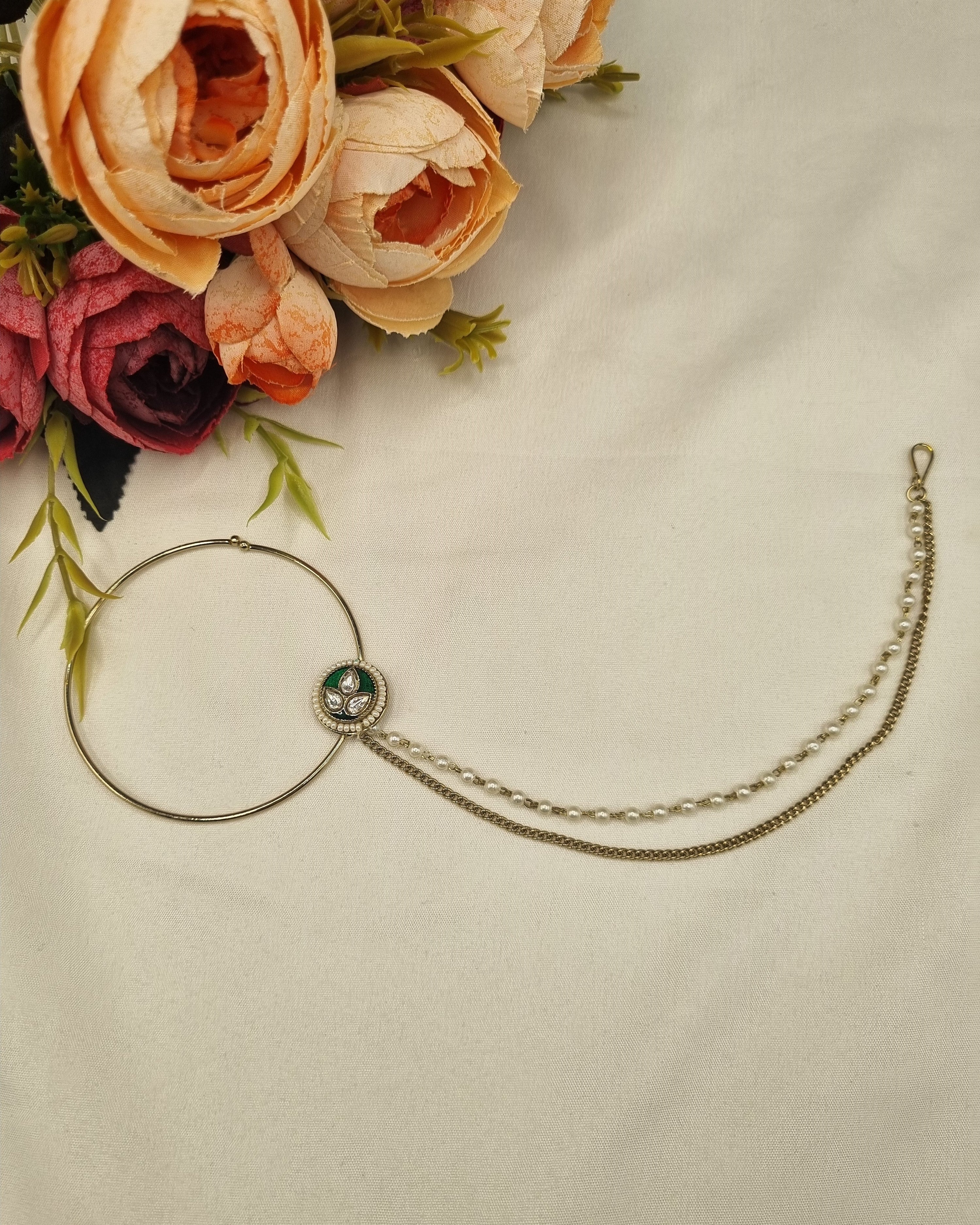 LAFZ Classic Floral Motif Bridal Nath with Pearl & Layered Chain - KDNT5