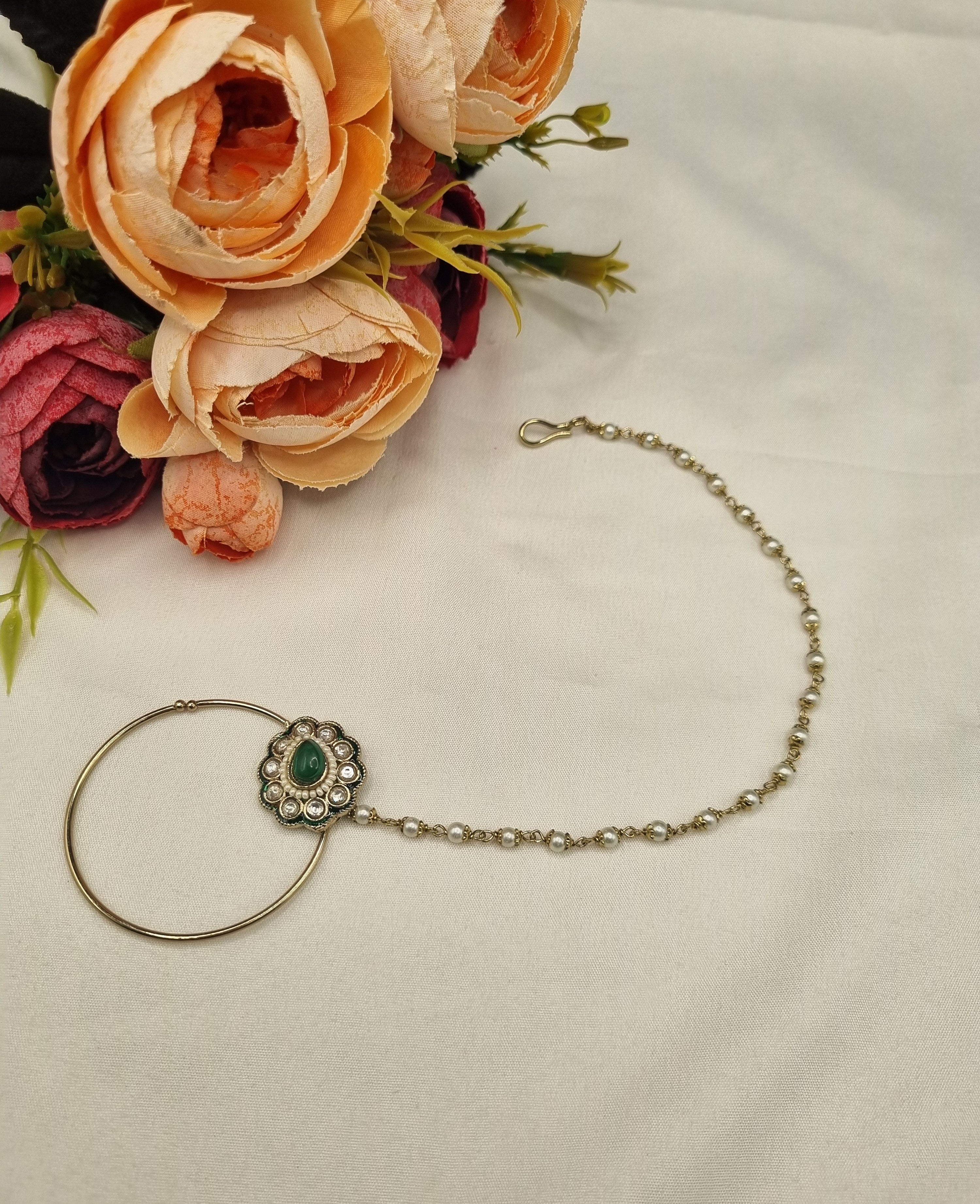 LAFZ Floral Cabochon Nath with Beaded Pearl Chain - KDNT7