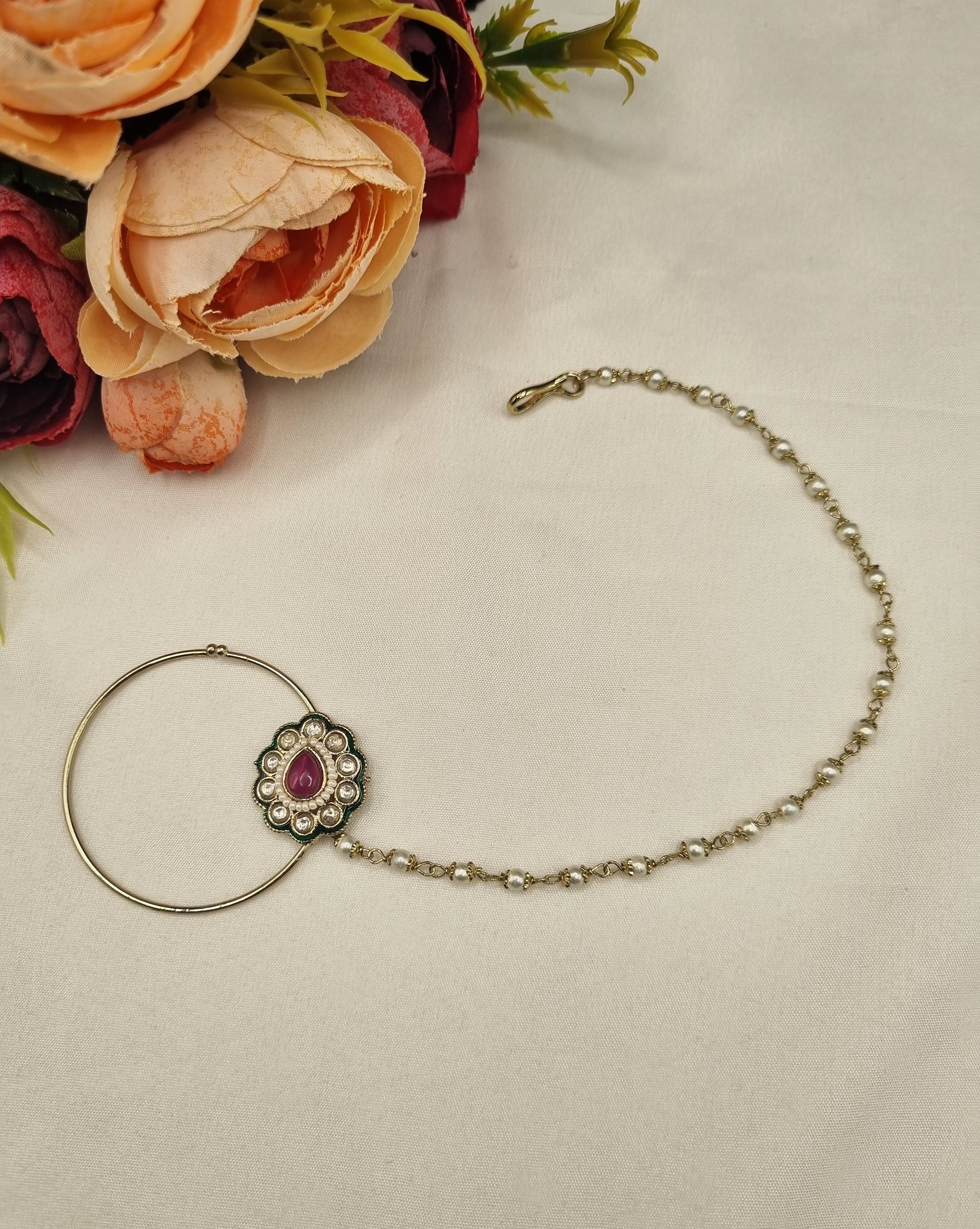 LAFZ Floral Cabochon Nath with Beaded Pearl Chain - KDNT7