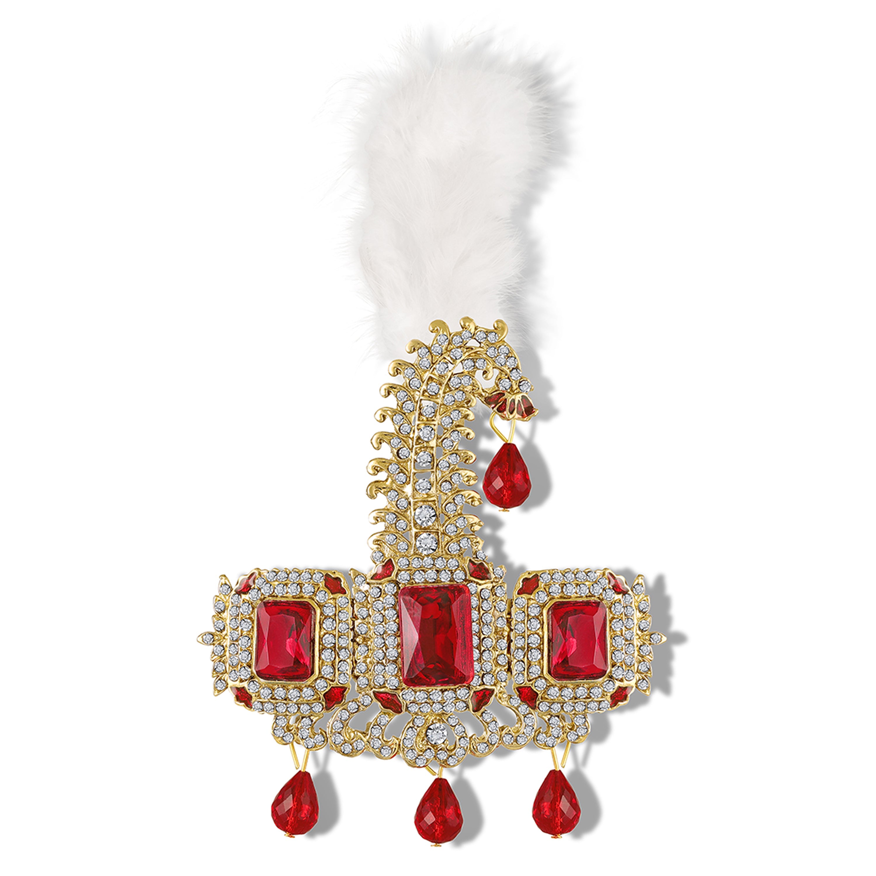 Mahi Premium Groom Kalangi for Wedding | Gold-Plated with Red White Crystals & Feather | Men’s Safa Pagdi Brooch | Rajputi Maharaja Style Turban Pin (KL1001026GRed)