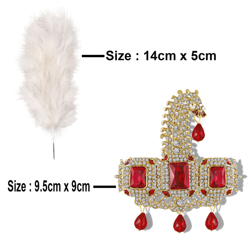 Mahi Premium Groom Kalangi for Wedding | Gold-Plated with Red White Crystals & Feather | Men’s Safa Pagdi Brooch | Rajputi Maharaja Style Turban Pin (KL1001026GRed)